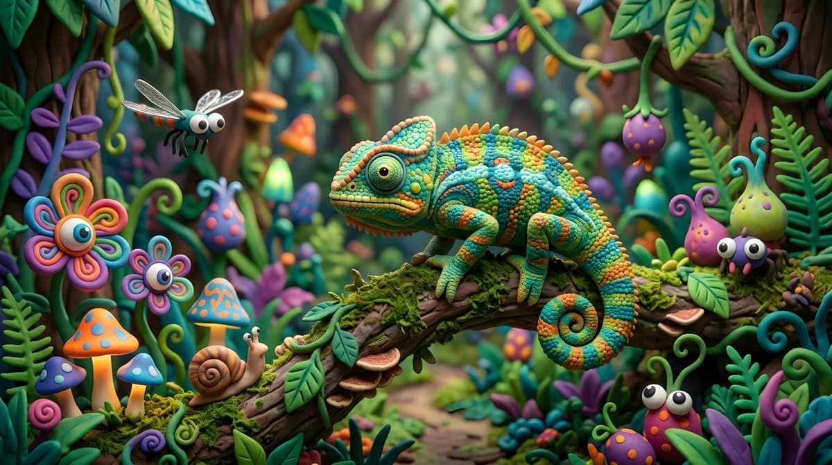 Adegan Claymation Bunglon yang Ceria